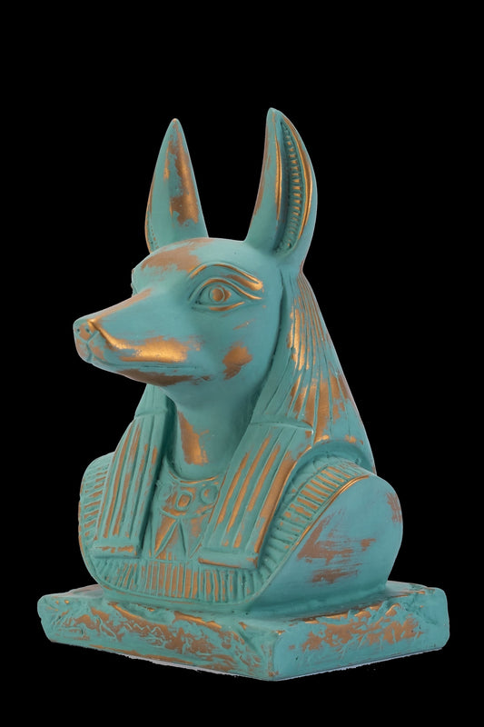 Rare Bust of Anubis Jackal face, God of afterlife and mummification handmade Altar statue green with gold antique color made in Egypt