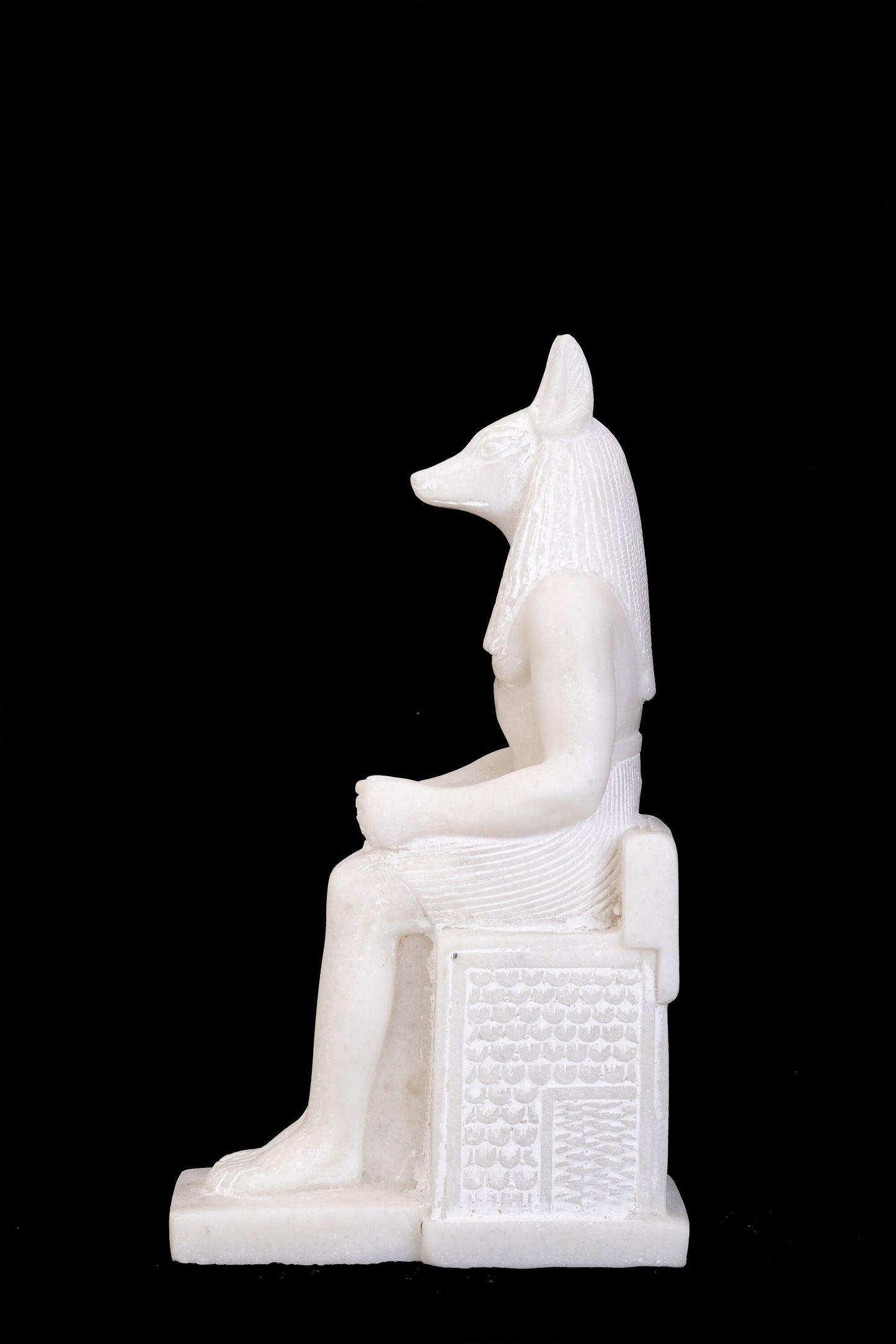 Amazing statue of the Jackal Anubis sitting on a throne Replica Altar statue handmade in Egypt from Alabaster stone - heavy Masterpiece