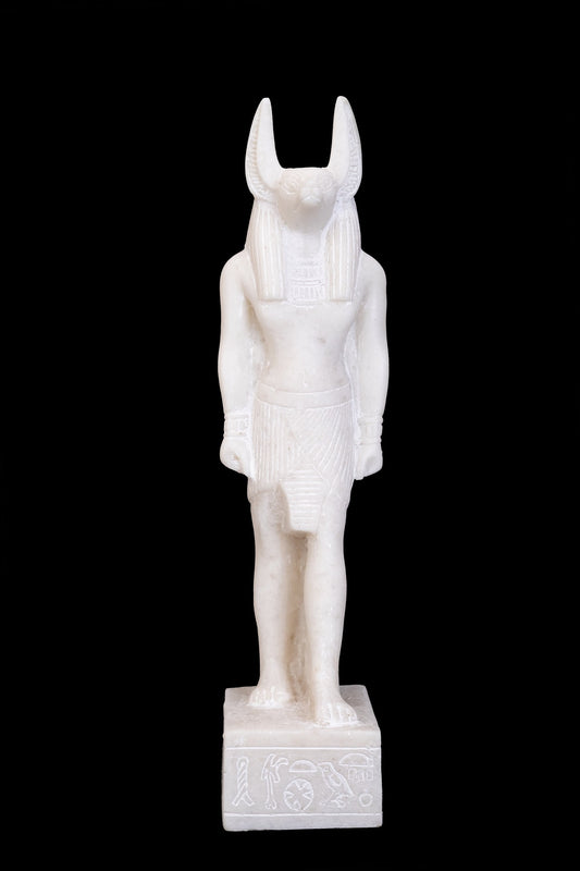 A unique Egyptian statue of Anubis Jackal God of afterlife and mummification standing with jackal head and human body - Handmade