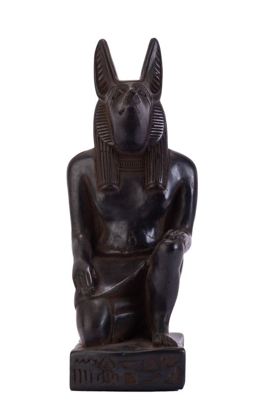 Ancient Egyptian statue of seated Anubis Jackal Dog Black solid stone made in Egypt