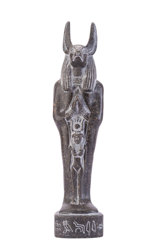 Aunique ancient Egyptian statue of Anubis Jackal God of afterlife and mummification standing with jackal head and human body protect Isis