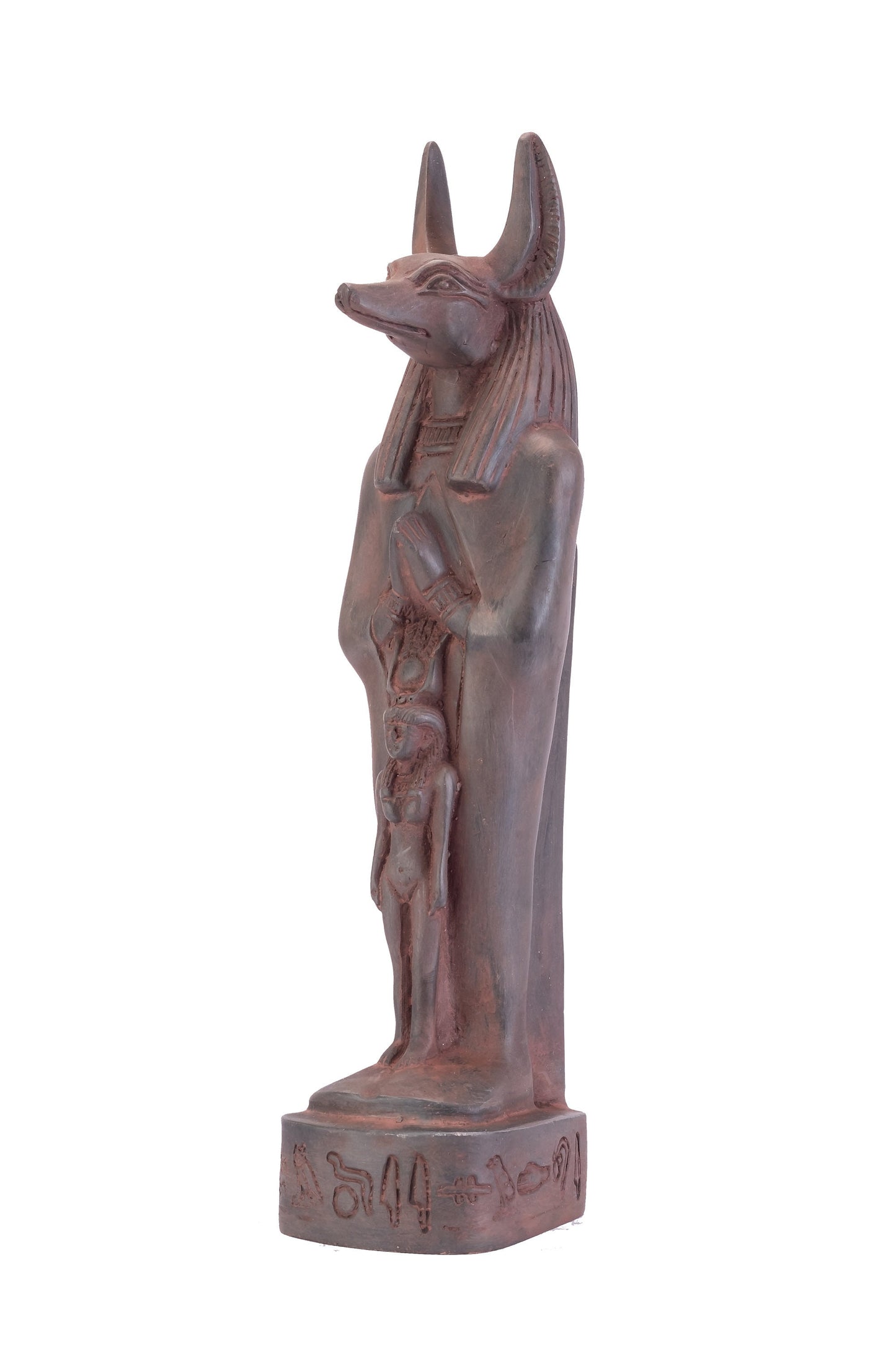 A unique ancient Egyptian statue of Anubis Jackal God of afterlife and mummification standing with jackal head and human body protect Isis