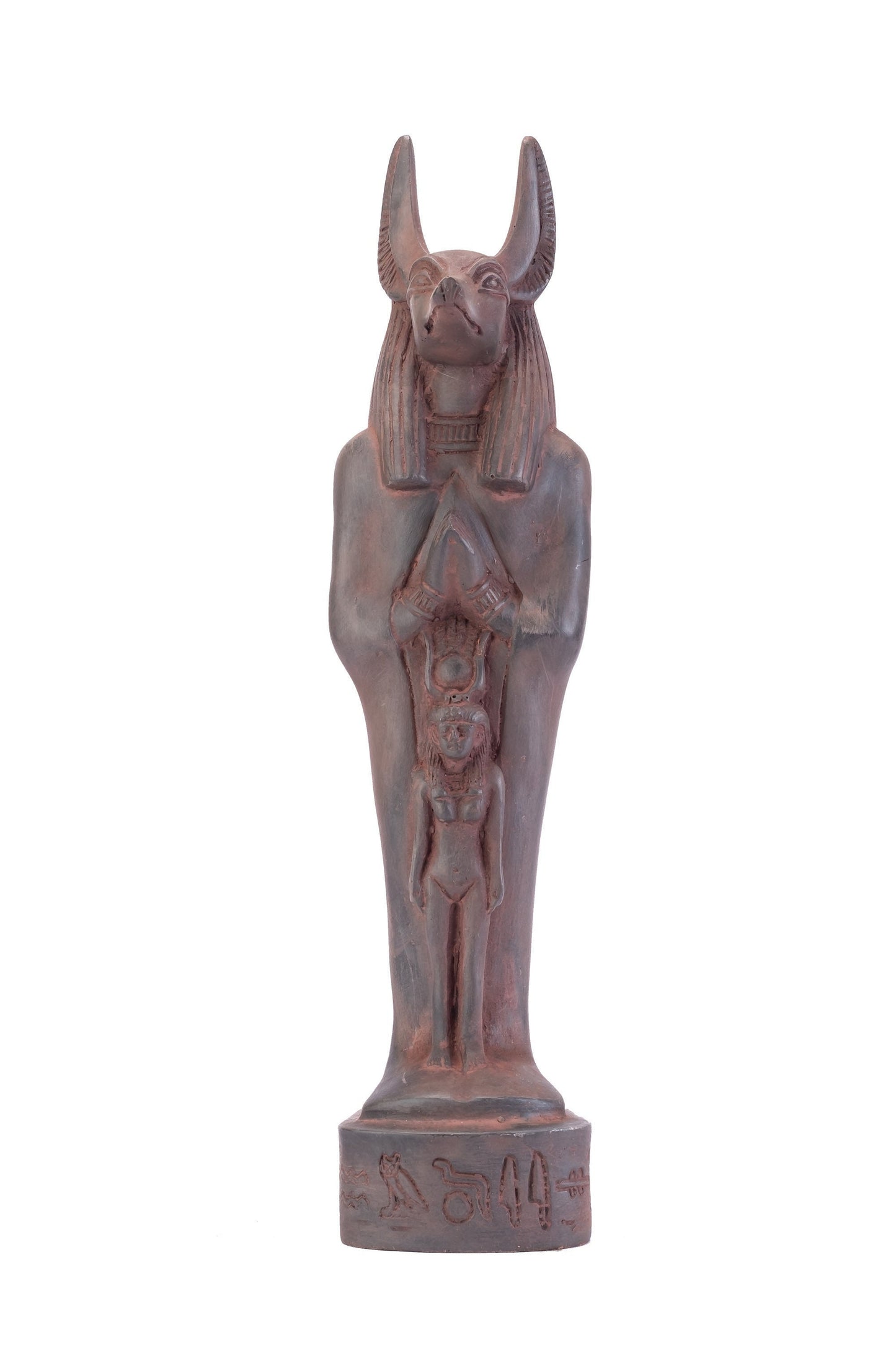 A unique ancient Egyptian statue of Anubis Jackal God of afterlife and mummification standing with jackal head and human body protect Isis