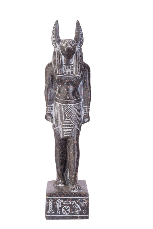 A unique ancient Egyptian statue of Anubis Jackal God of afterlife and mummification standing with jackal head and human body - Handmade