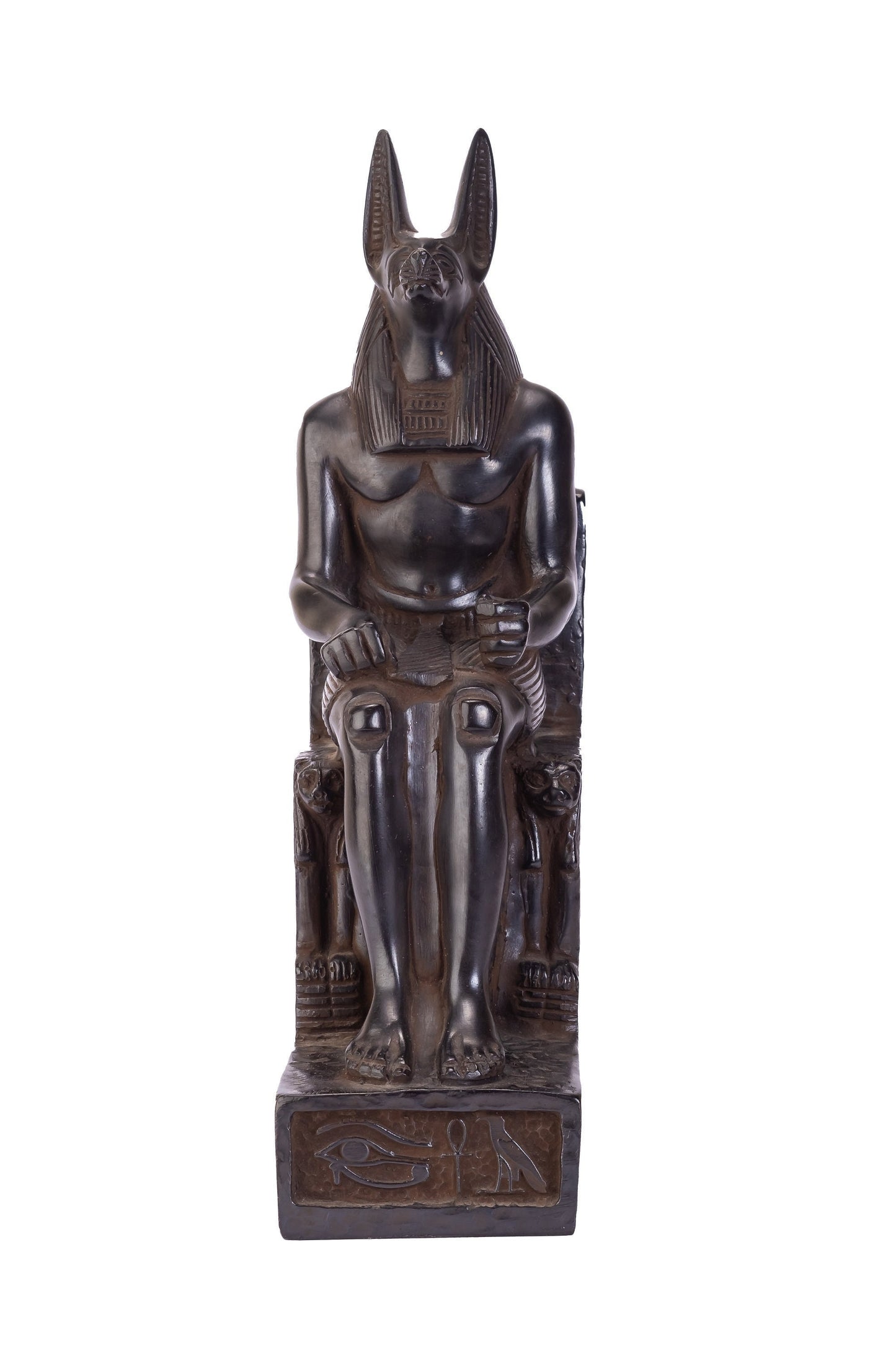 Statue of Egyptian God Anubis seated on the throne heavy black solid stone made in Egypt