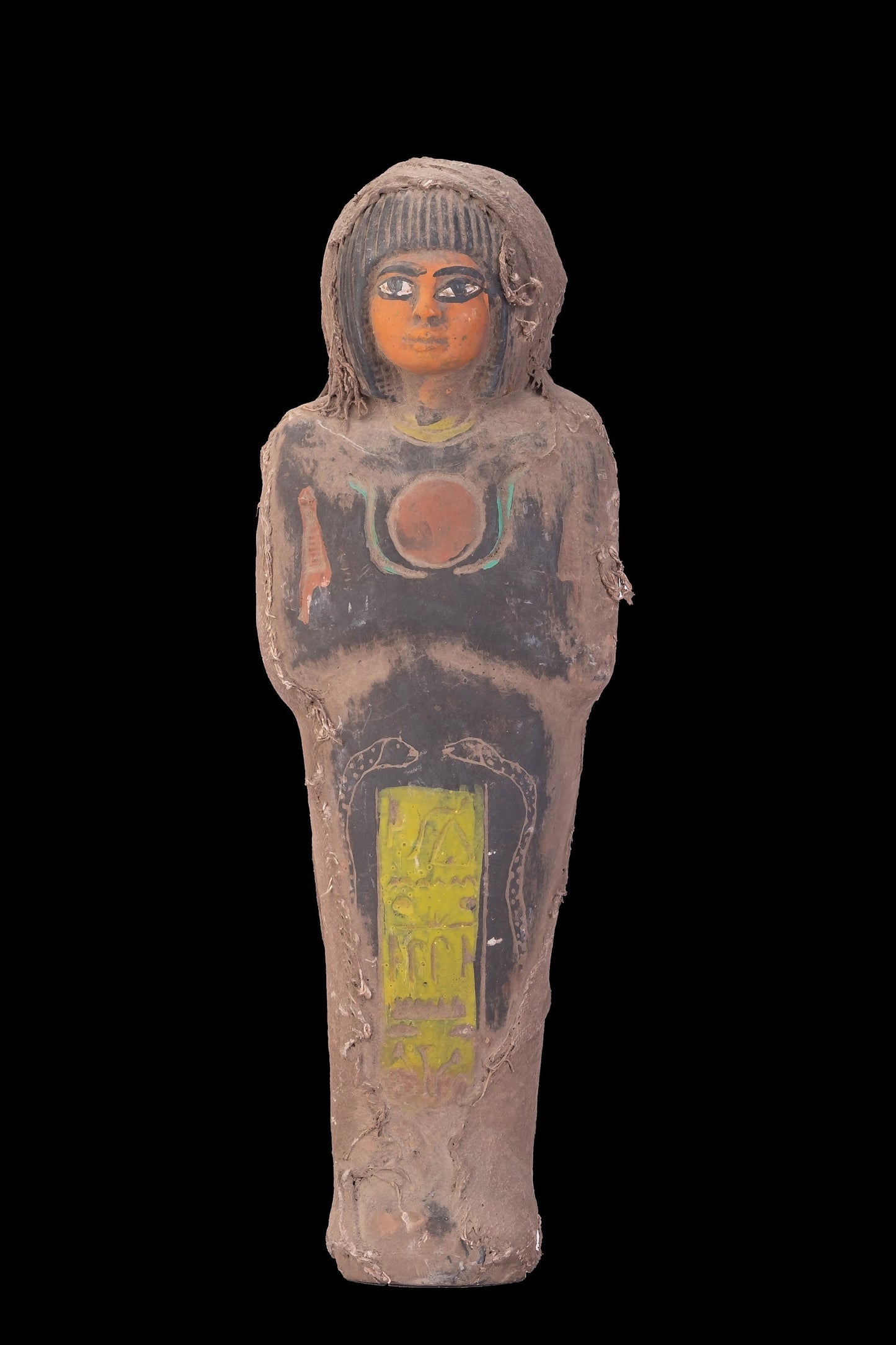 Ancient Egyptian black stone Ushabti painted with Heiroglyphics carved on it heavy stone wrapped with linen made with Egyptian soul