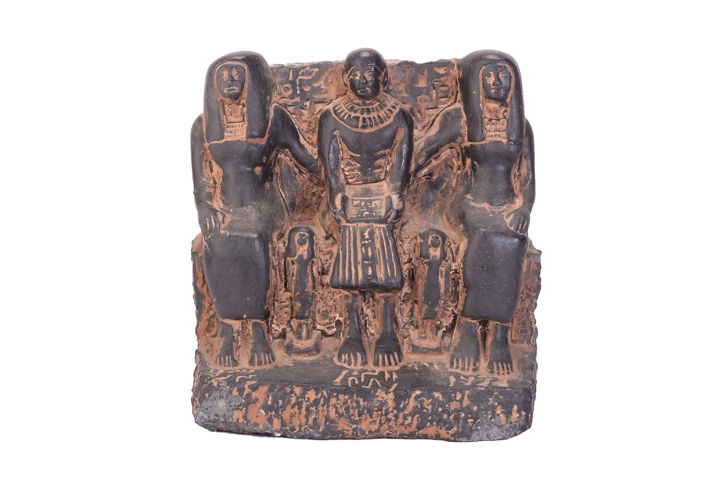 Statue of Imhotep family shows Imhotep between his wife’s and his daughters sculpture statue black heavy stone made in Egypt