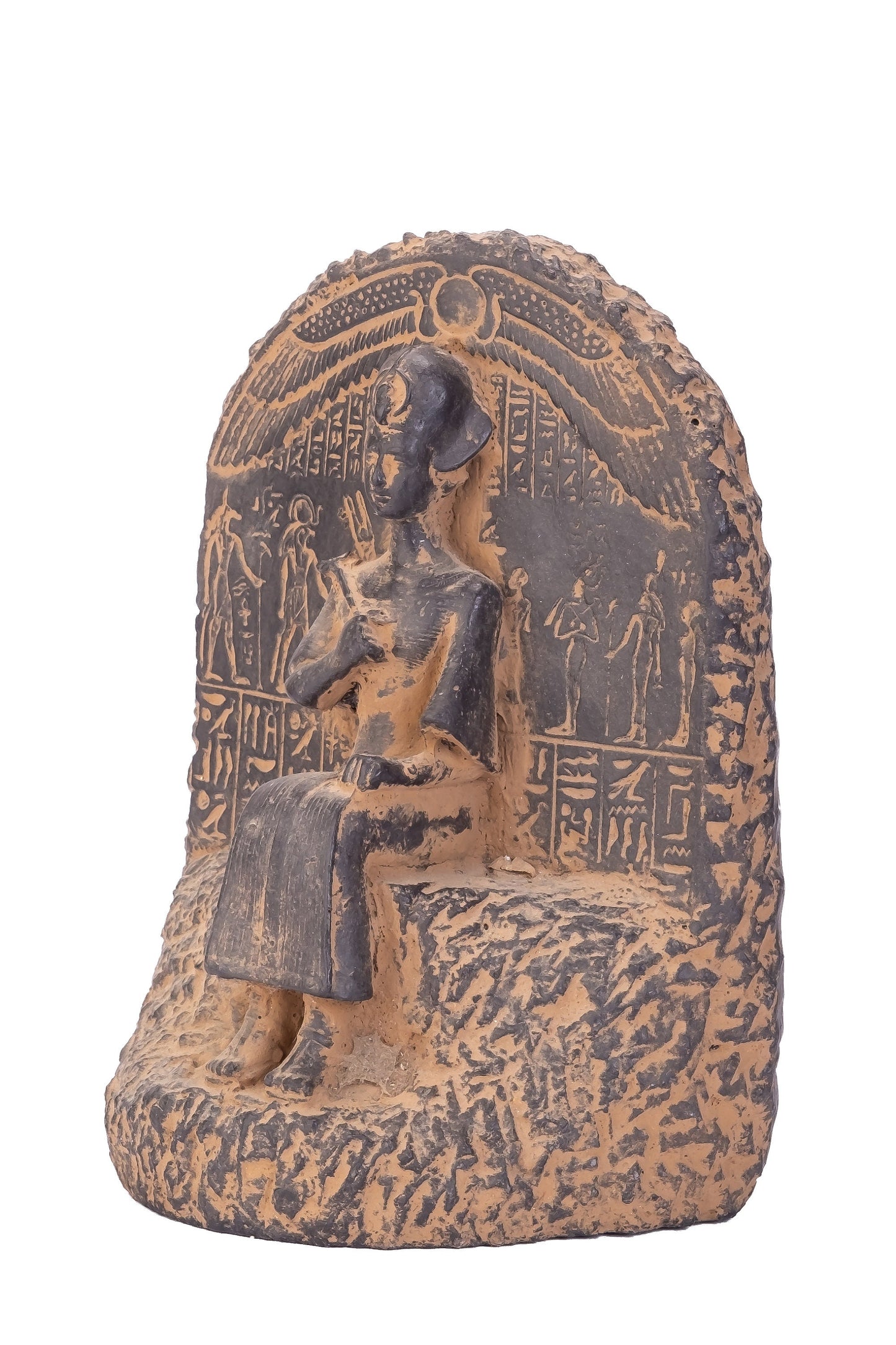 Ancient Egyptian statue of Pharaoh king Ramesses II seated on the throne carved with ancient Egyptian hieroglyphics, great court
