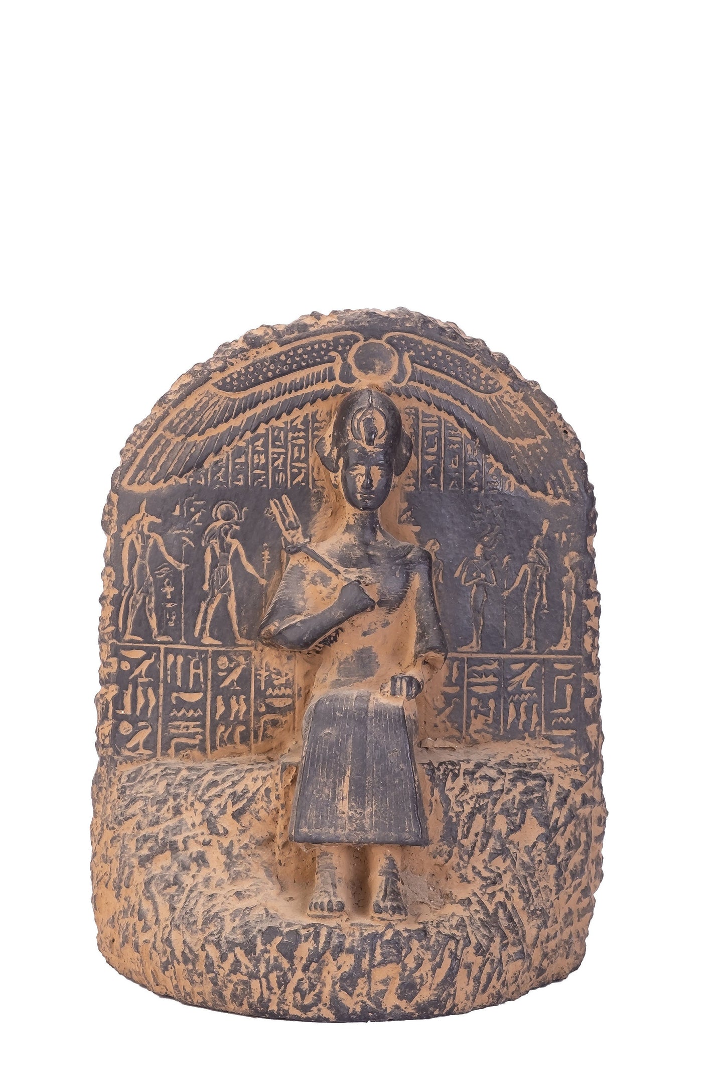 Ancient Egyptian statue of Pharaoh king Ramesses II seated on the throne carved with ancient Egyptian hieroglyphics, great court