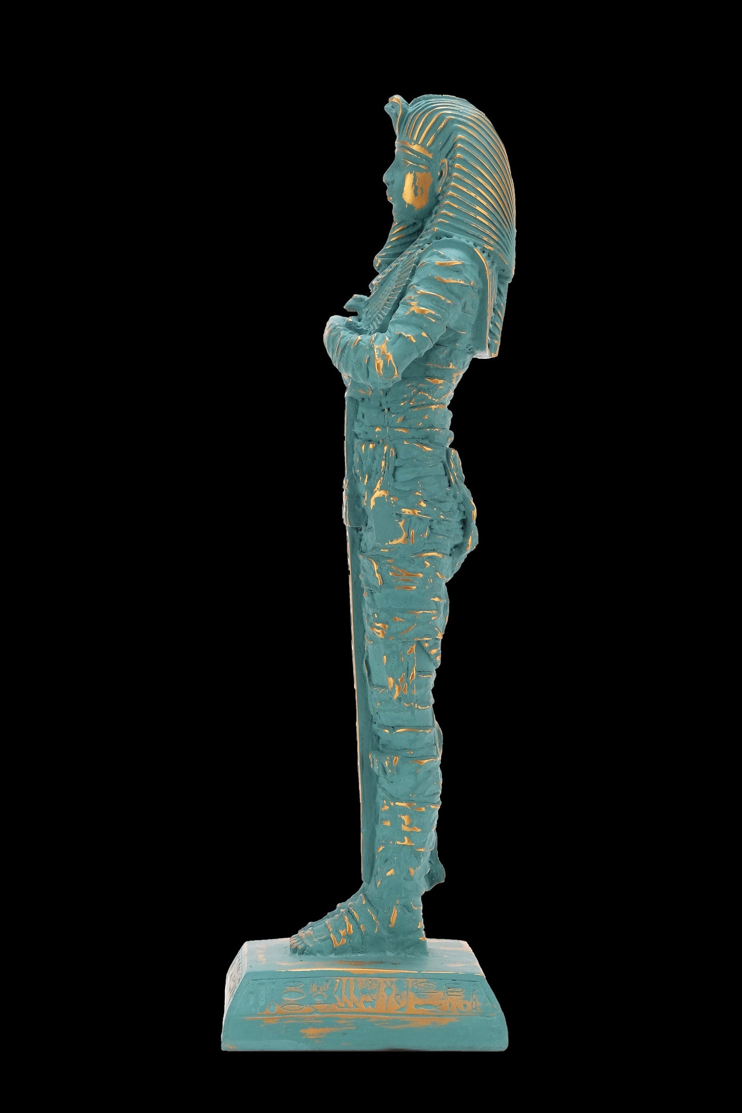 Unique Statue of Egyptian King Tutankhamun fighter large green statue with gold antique color in form a mummy contains eye of Horus