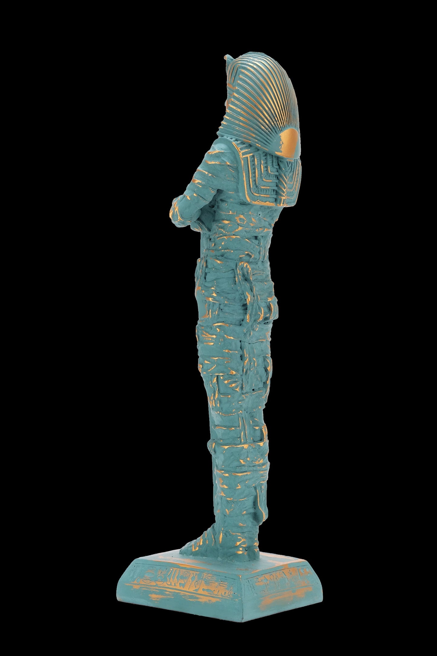 Unique Statue of Egyptian King Tutankhamun fighter large green statue with gold antique color in form a mummy contains eye of Horus