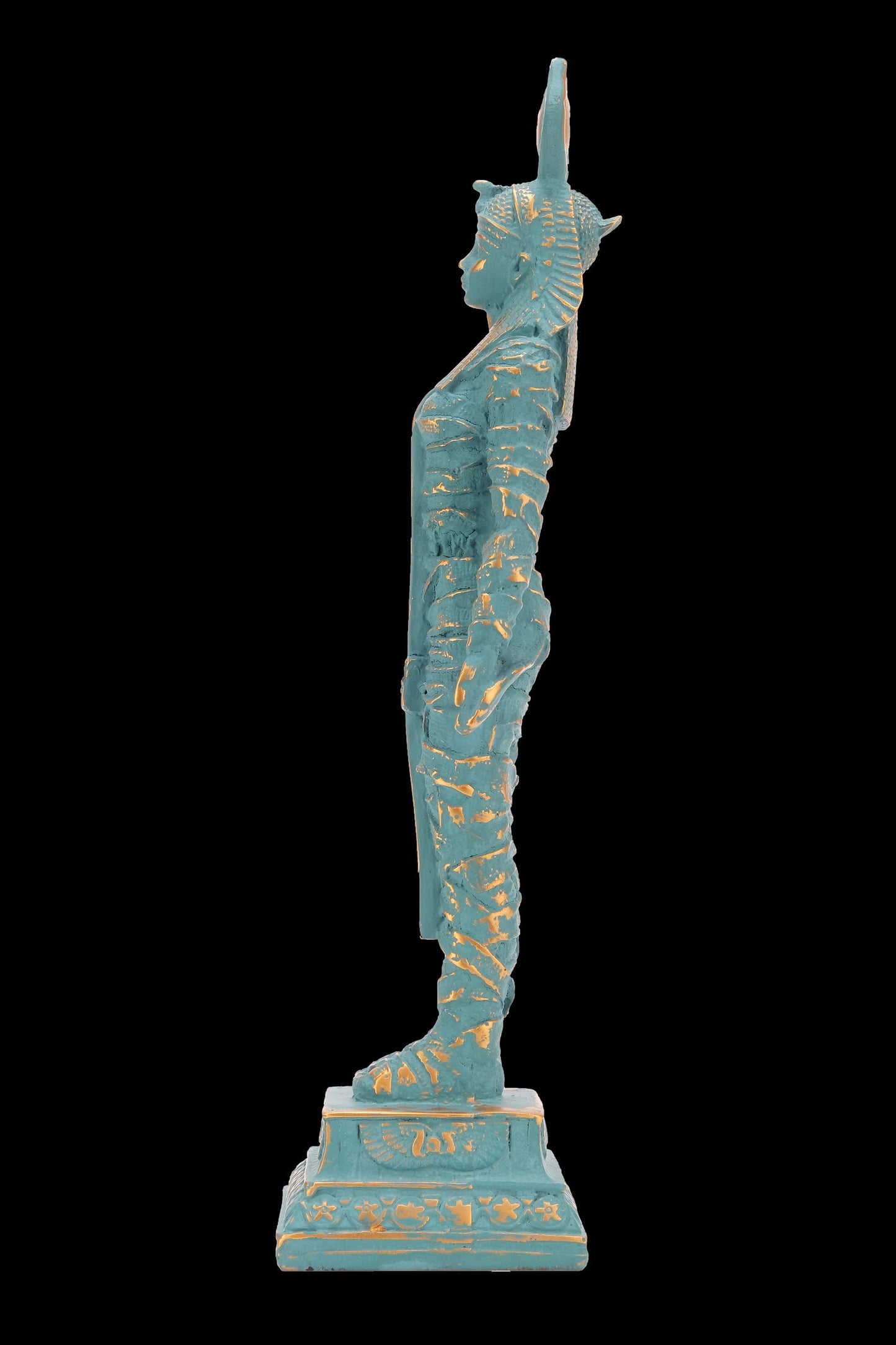 Ancient Egyptian statue of goddess Isis green statue with gold antique color contains eye of Horus solid stone made in Egypt