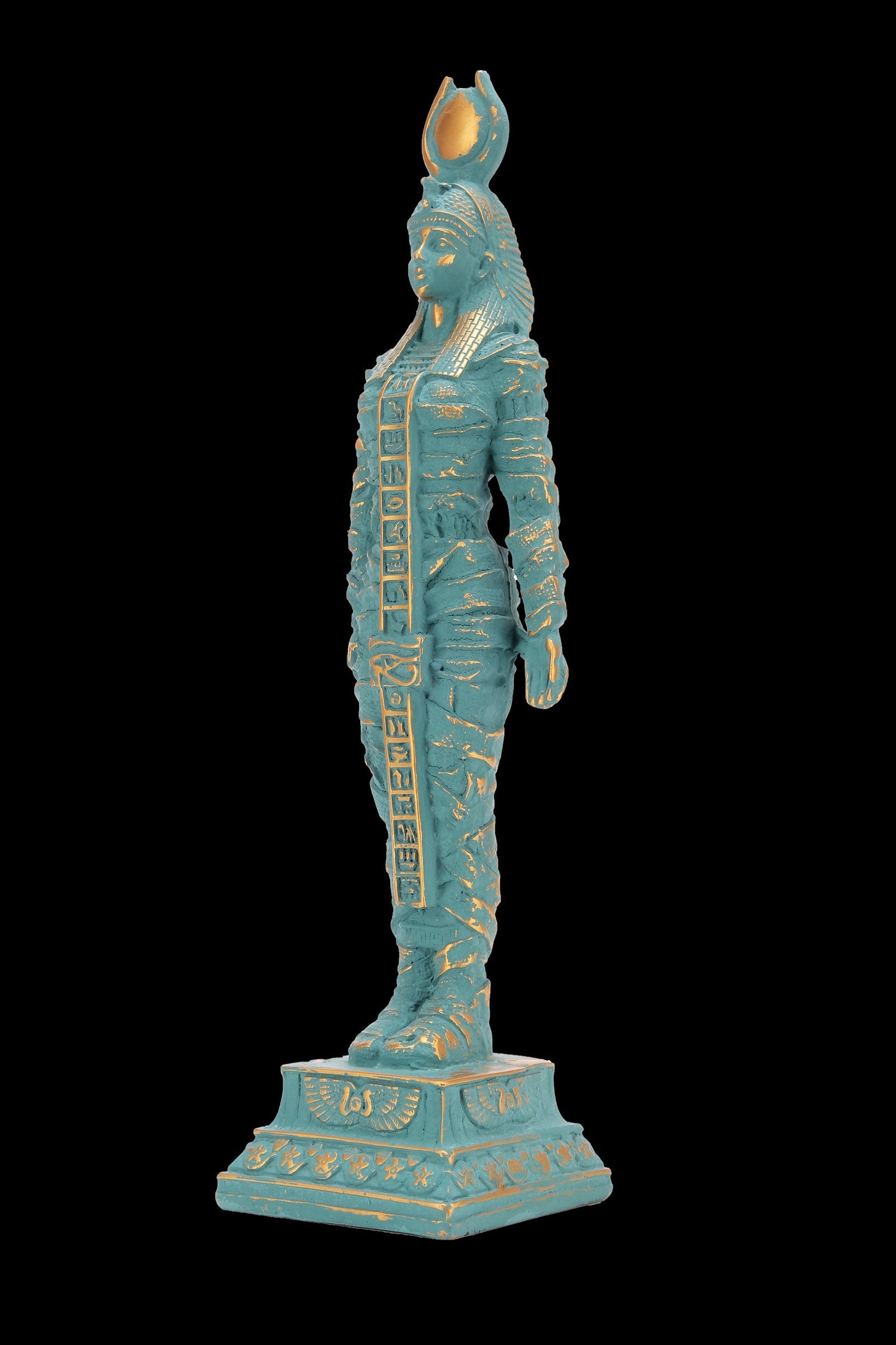 Ancient Egyptian statue of goddess Isis green statue with gold antique color contains eye of Horus solid stone made in Egypt