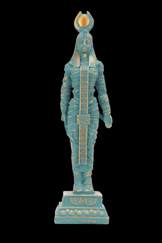 Ancient Egyptian statue of goddess Isis green statue with gold antique color contains eye of Horus solid stone made in Egypt