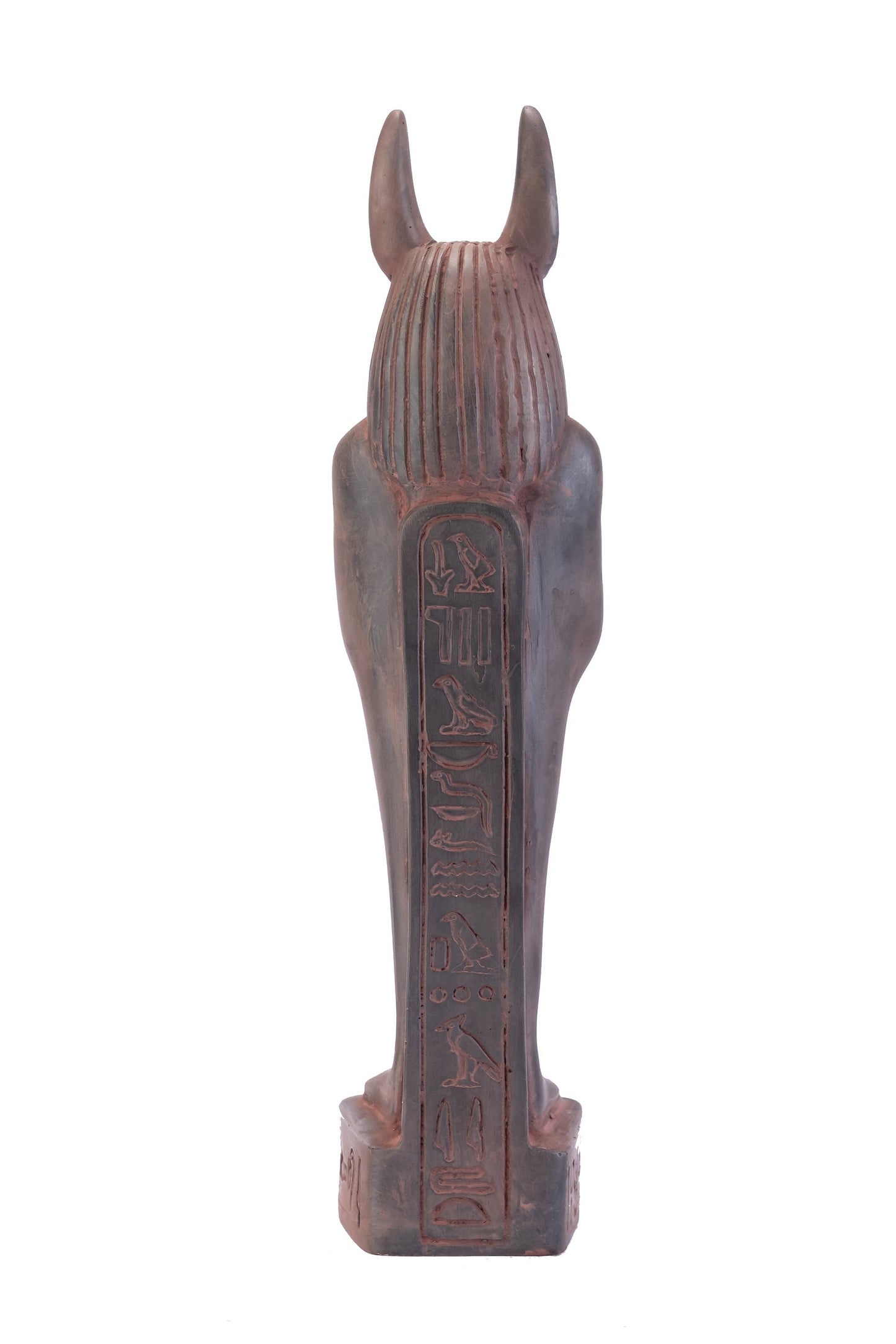 A unique ancient Egyptian statue of Anubis Jackal God of afterlife and mummification standing with jackal head and human body protect Isis