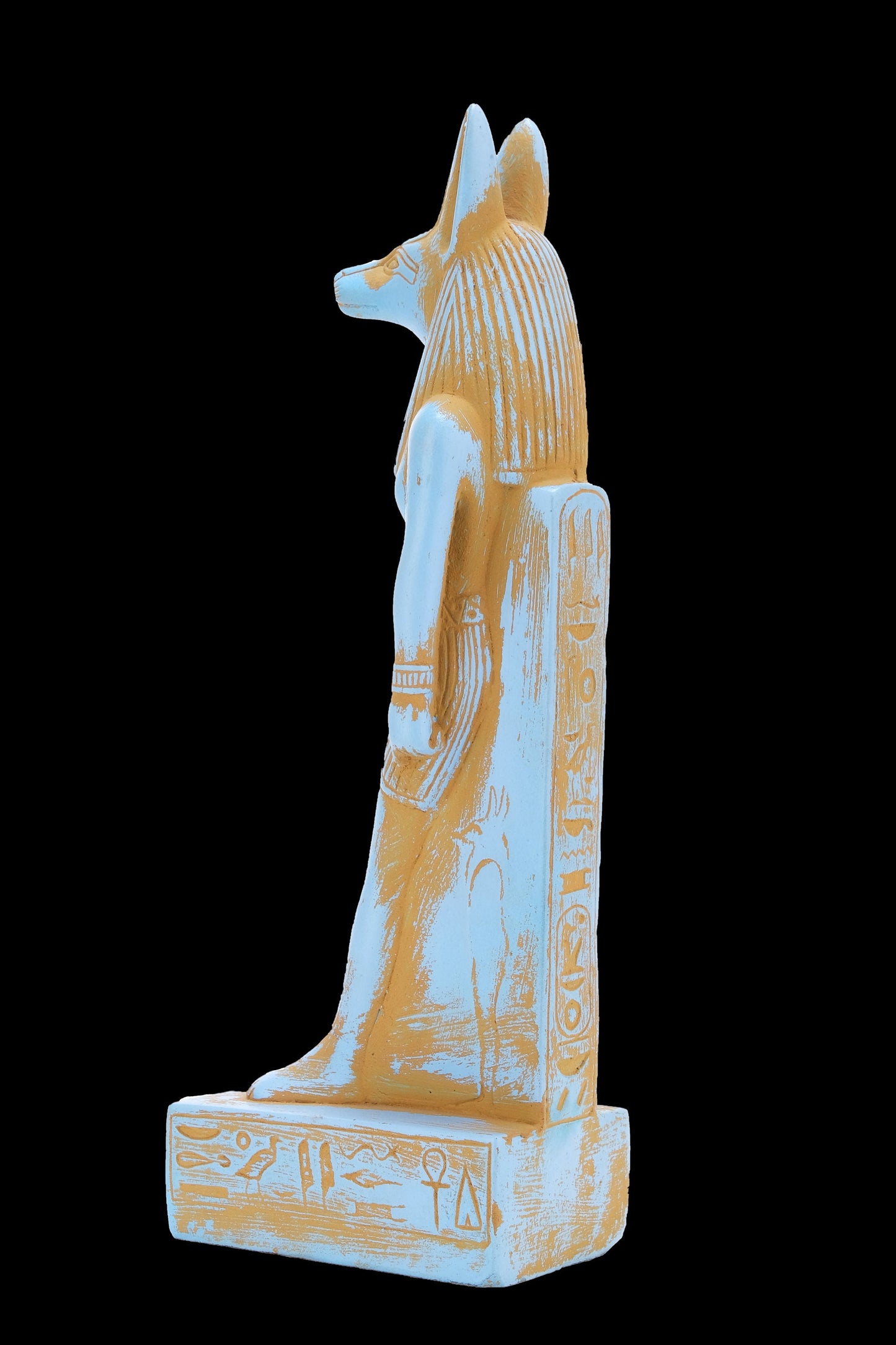 A unique ancient Egyptian statue of Anubis Jackal Symbol of afterlife and mummification standing with jackal head and human body