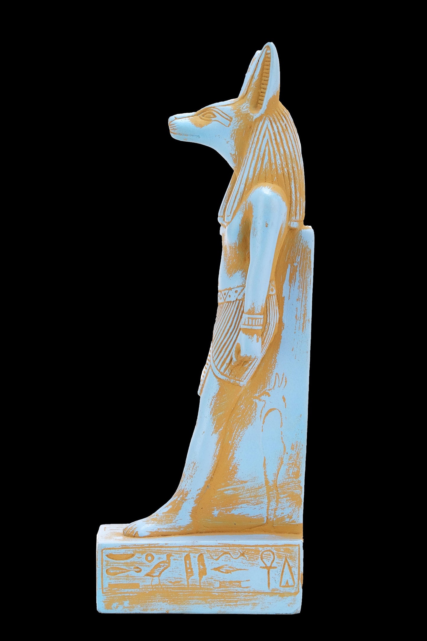 A unique ancient Egyptian statue of Anubis Jackal Symbol of afterlife and mummification standing with jackal head and human body