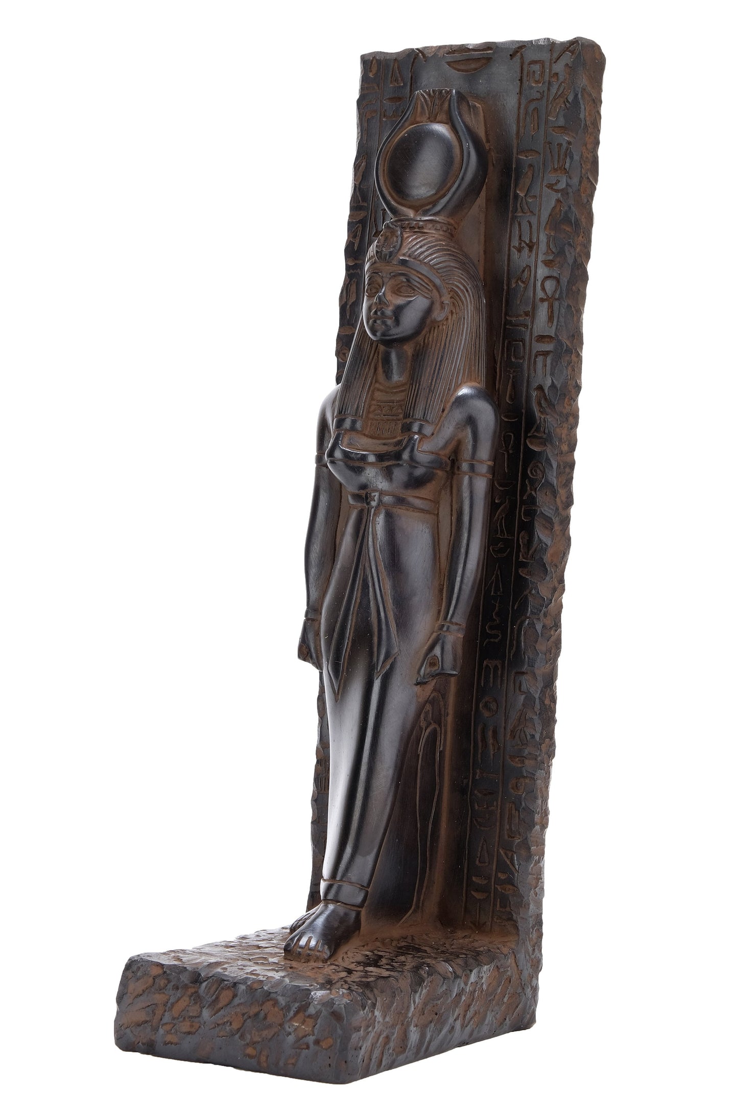 Statue of goddess Isis large stela relief heavy sculpture black solid stone made in Egypt