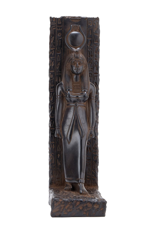 Statue of goddess Isis large stela relief heavy sculpture black solid stone made in Egypt