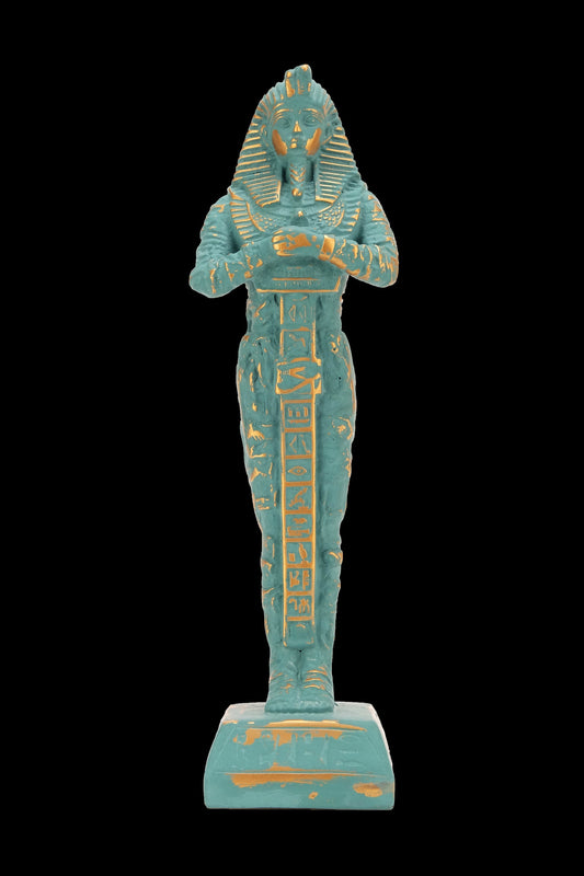 Unique Egyptian statue of King tut. Tutankhamen fighter in form of mummy green color with gold antique color solid stone made in Egypt