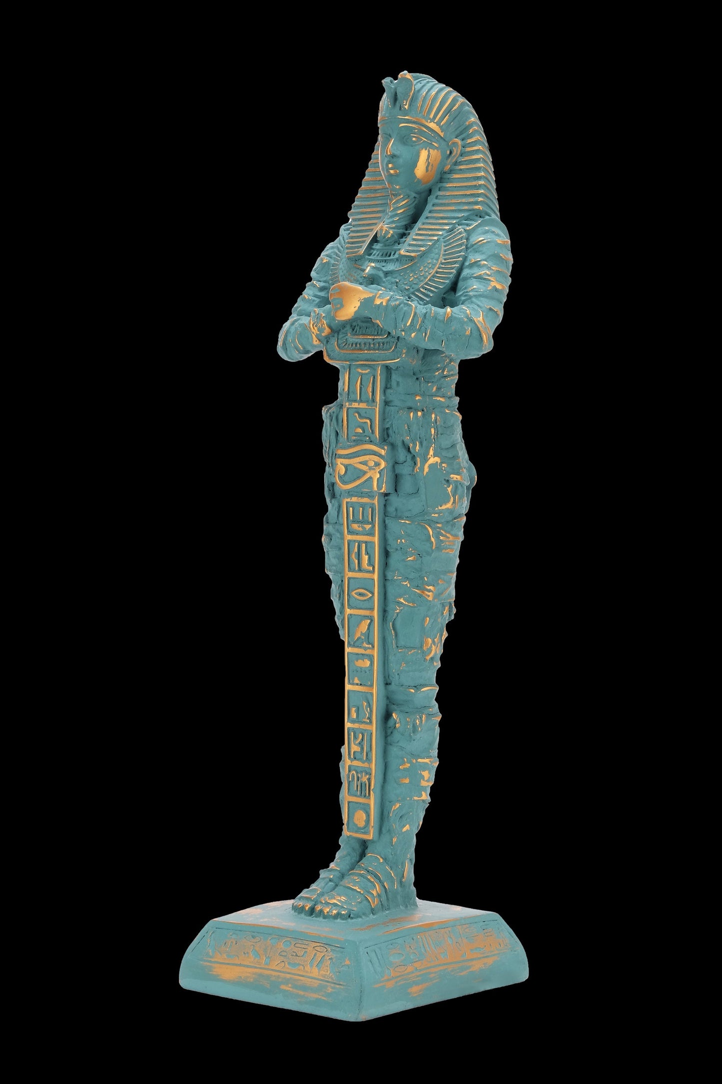 Unique Statue of Egyptian King Tutankhamun fighter large green statue with gold antique color in form a mummy contains eye of Horus