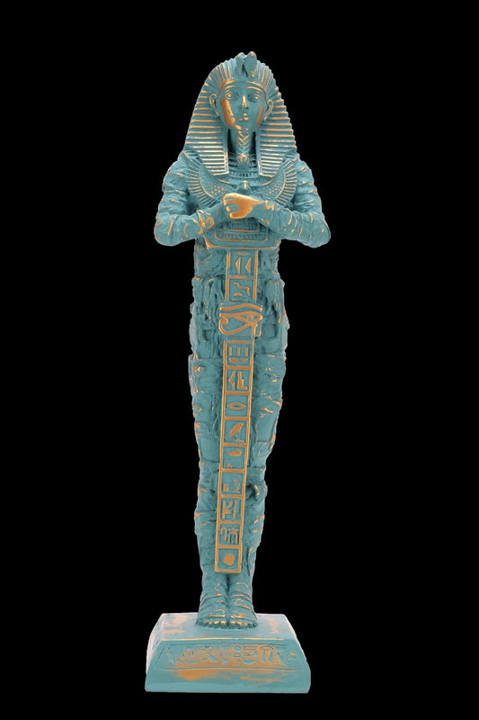 Unique Statue of Egyptian King Tutankhamun fighter large green statue with gold antique color in form a mummy contains eye of Horus