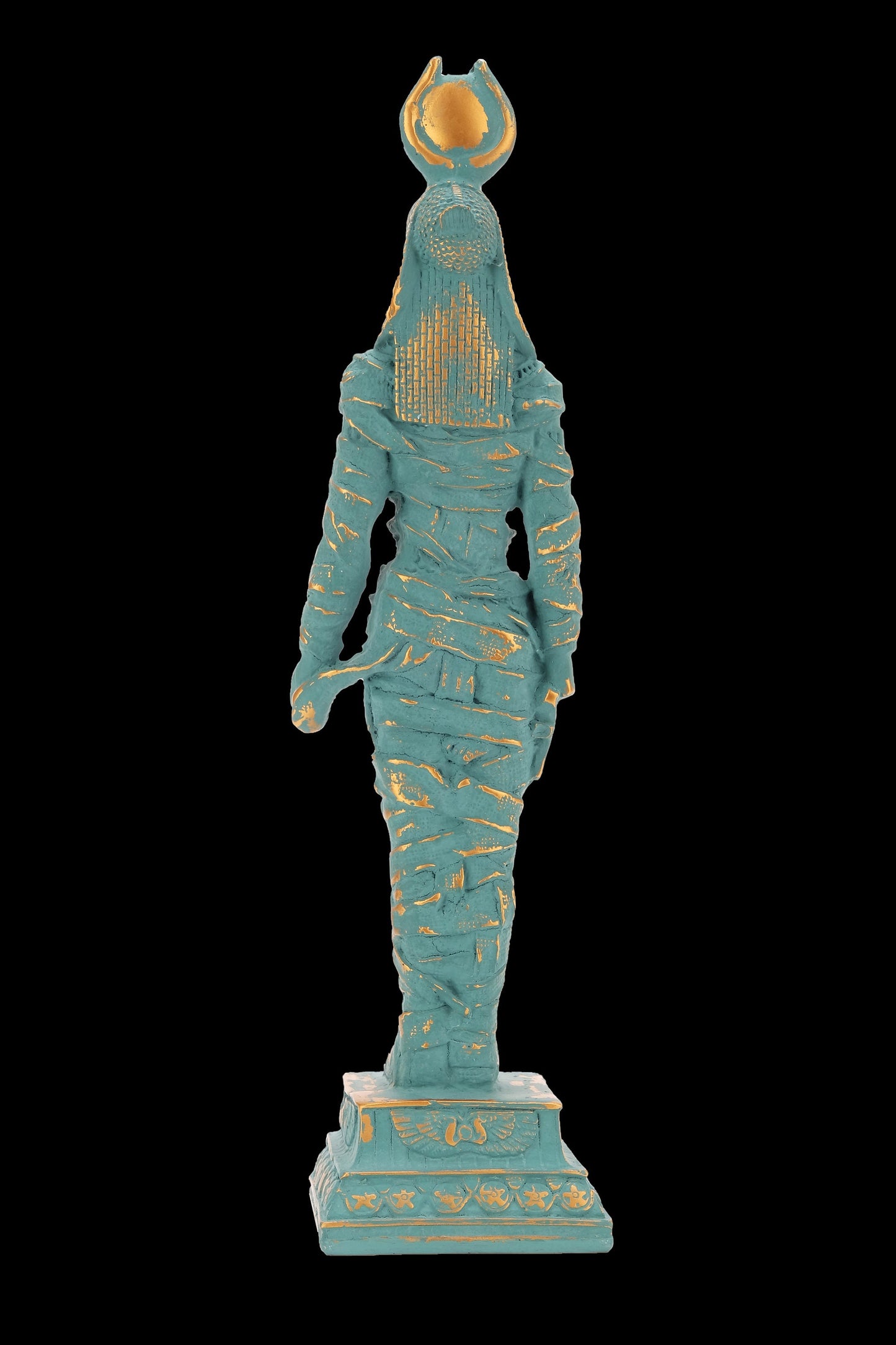 Ancient Egyptian statue of goddess Isis green statue with gold antique color contains eye of Horus solid stone made in Egypt
