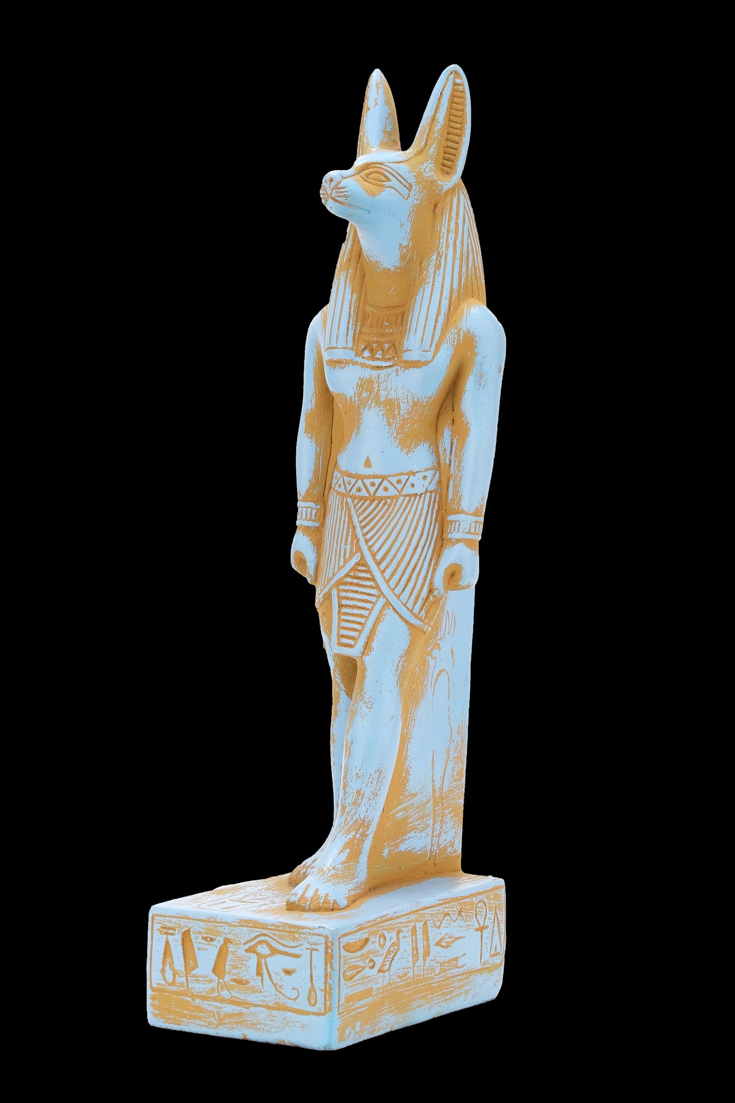 A unique ancient Egyptian statue of Anubis Jackal Symbol of afterlife and mummification standing with jackal head and human body