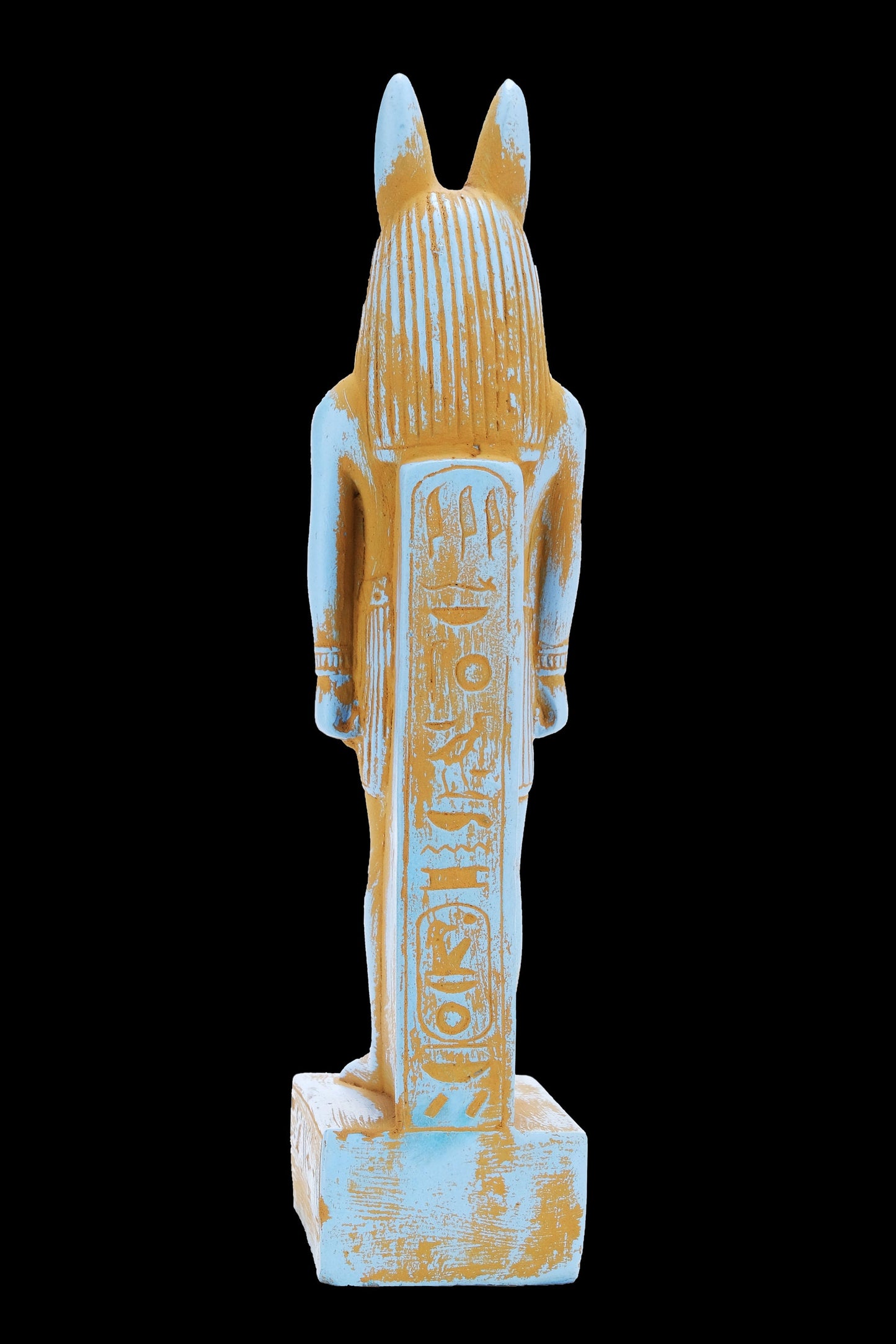 A unique ancient Egyptian statue of Anubis Jackal Symbol of afterlife and mummification standing with jackal head and human body