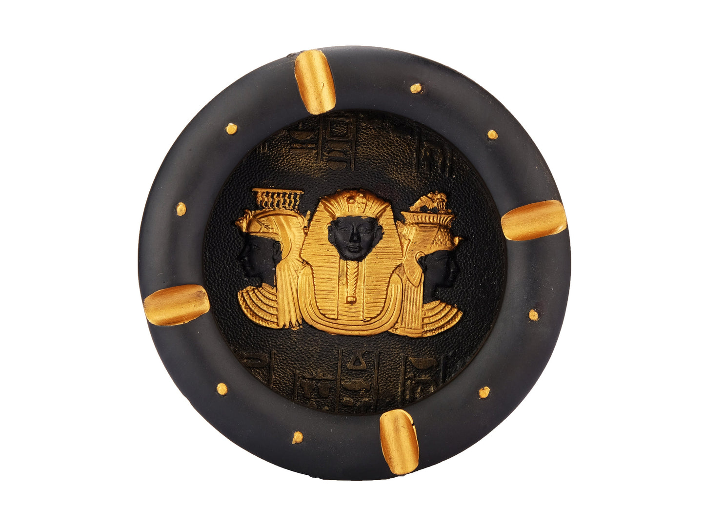 Unique ancient Egyptian Handmade colorful Ashtray with a famous head of king Tutankhamun and Queen Cleopatra with golden Bronze finish