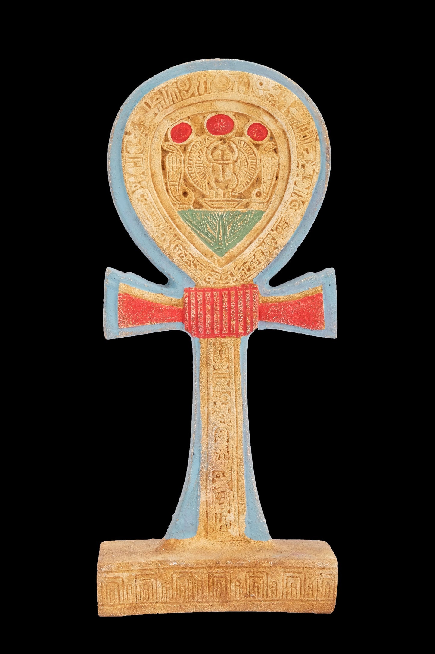 Unique the Ankh (key of life) symbol hieroglyphic with scarab winged painted limestone Ancient Egyptian Art made in Egypt