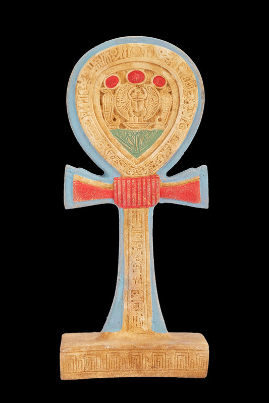 Unique the Ankh (key of life) symbol hieroglyphic with scarab winged painted limestone Ancient Egyptian Art made in Egypt