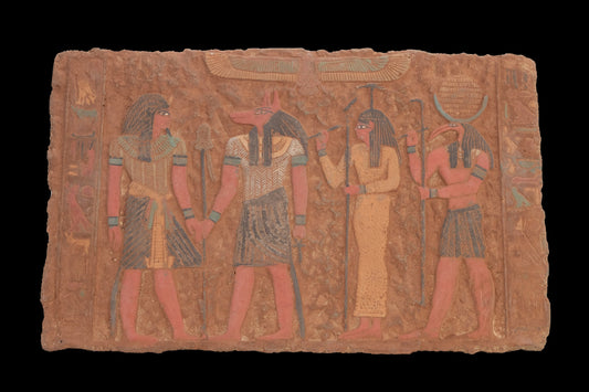 Ancient Egyptian wall Relief handmade from limestone with beautiful colors touching and the Amazing (Ramses IX,Anubis,Nephthys and Thoth)