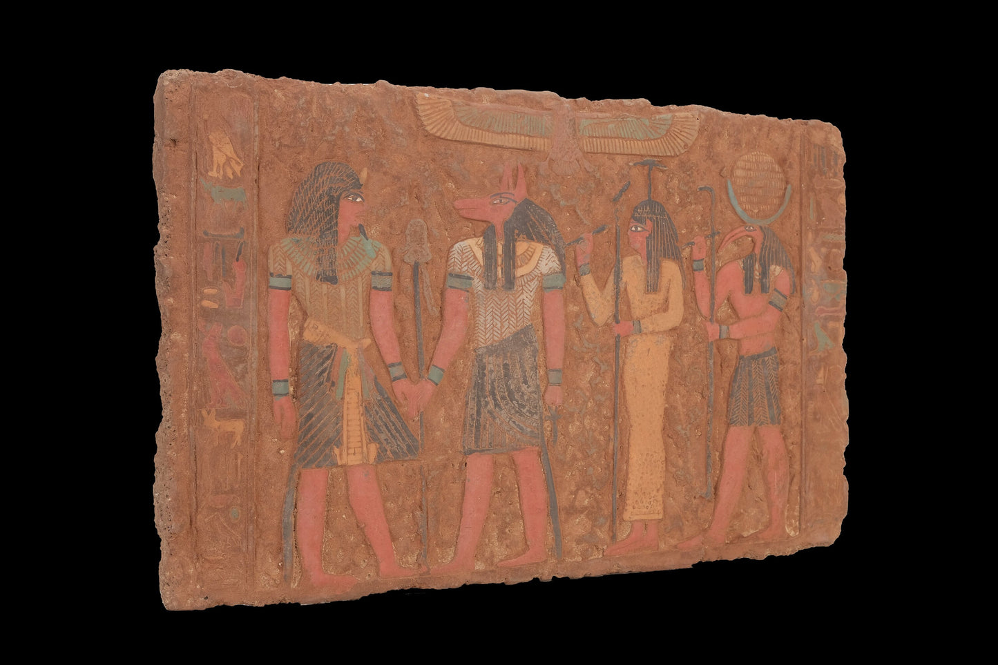 Ancient Egyptian wall Relief handmade from limestone with beautiful colors touching and the Amazing (Ramses IX,Anubis,Nephthys and Thoth)
