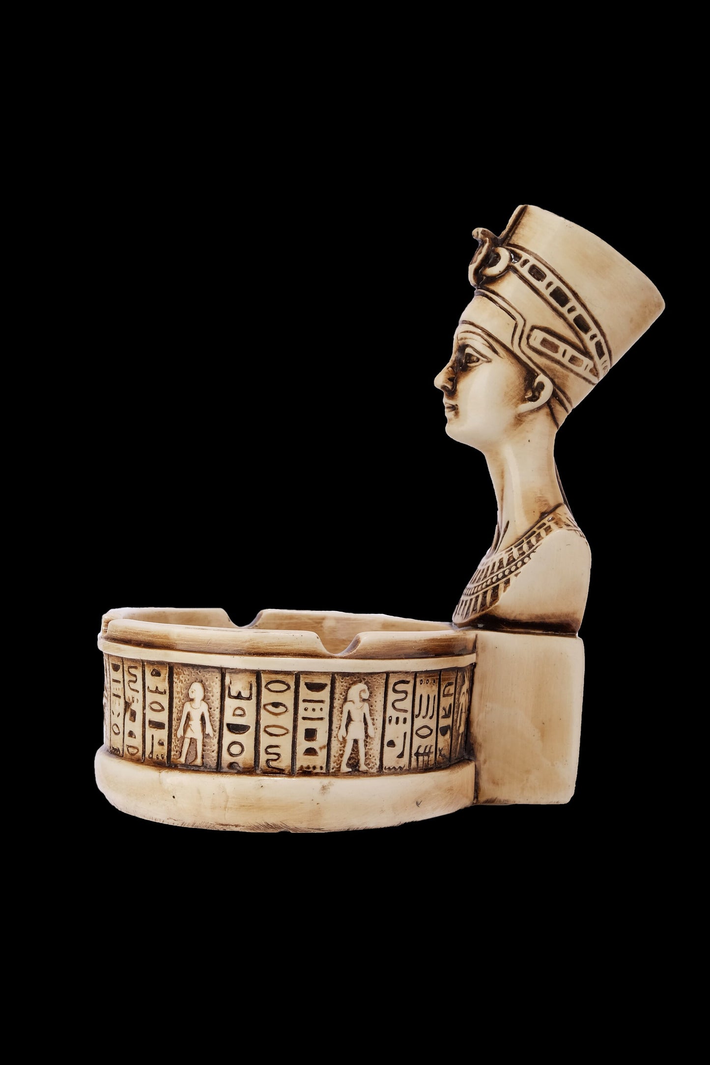 Vintage Queen Nefertiti Ashtray carved from limestone with ancient Egyptian hieroglyphics. Our item is made with Egyptian soul