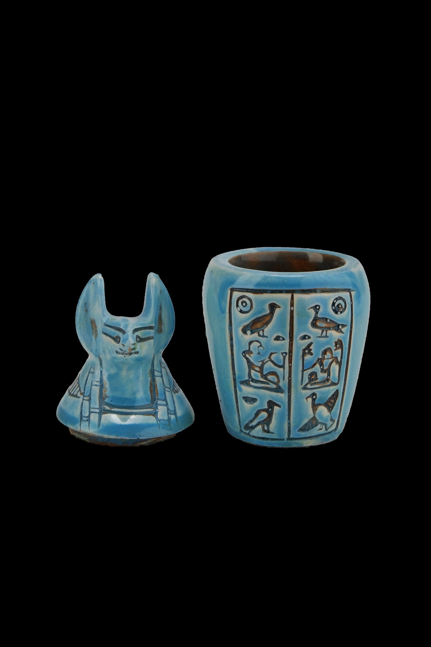 Unique Canopic Jars blue Hieroglyph set four Egyptian Art faience stone made in Egypt