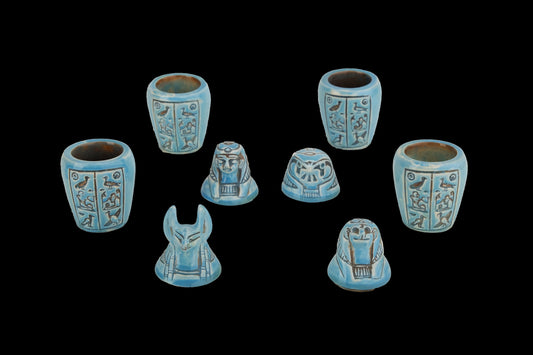 Unique Canopic Jars blue Hieroglyph set four Egyptian Art faience stone made in Egypt