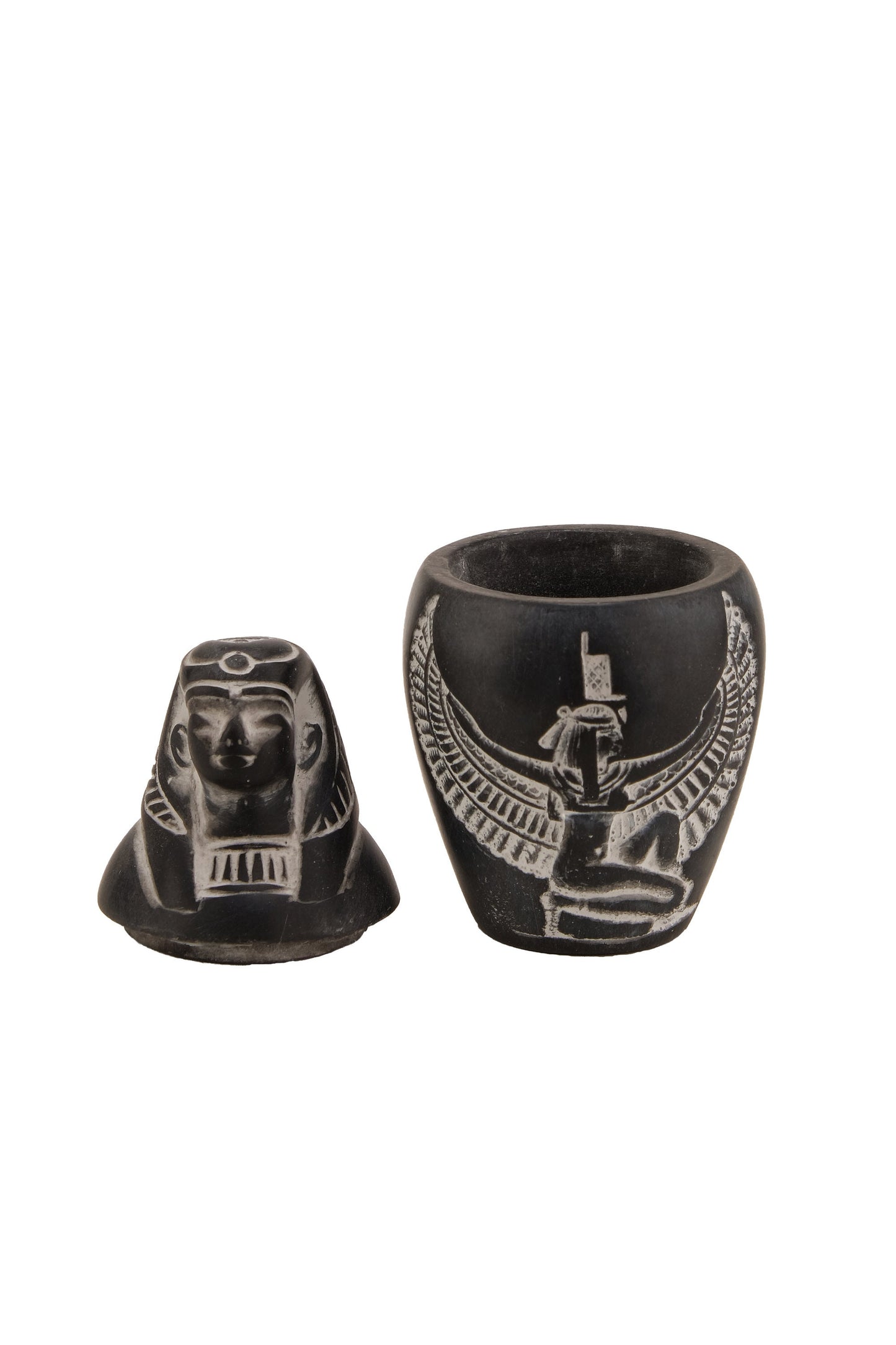 Set 4 Egyptian Art Small Canopic jars Sons of Horus with goddess ma’at winged stone made in Egypt