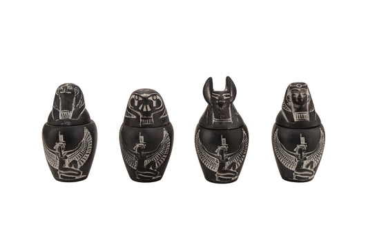 Set 4 Egyptian Art Small Canopic jars Sons of Horus with goddess ma’at winged stone made in Egypt