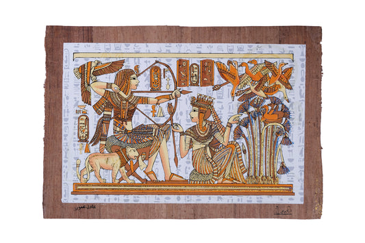 King Tutankhamun Hunting with Bow accompanied boy Queen Ankhesenamun papyrus Glow in the dark Egyptian Scene with Bastet,pyramids and ankh