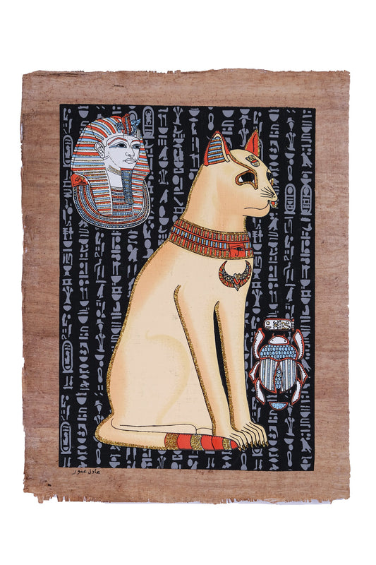 Egyptian papyrus of Goddess Bastet Glow in the dark with Ancient Egyptian Bastet painting made in Egypt