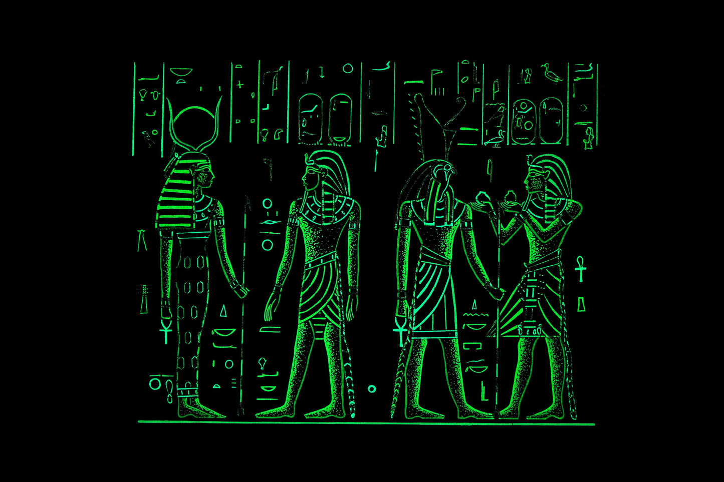 Ancient Egyptian papyrus of king Ramesses II making Offerings to Isis & Horus Papyrus - Glow in the dark