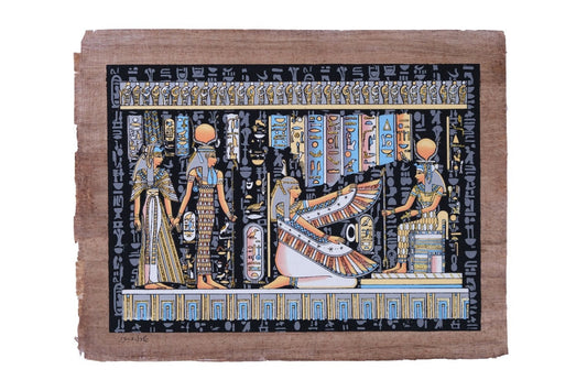 Ancient Egyptian papyrus of Isis, Ma’at and Queen Nefertari Glow in the dark made in Egypt with Authentic papyrus Leaves.