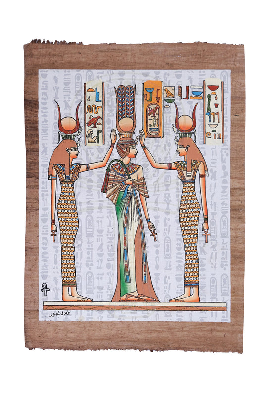 Glow in the Dark Queen Nefertari Coronation & Blessing with Goddess Isis and Hathor papyrus- Ancient