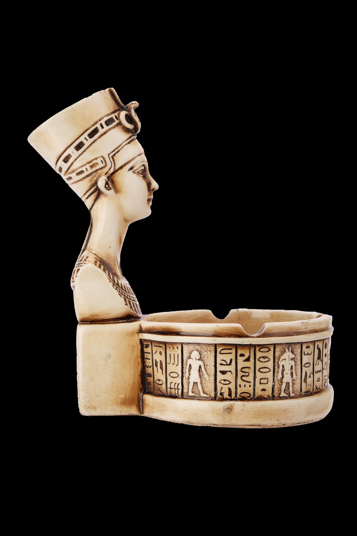 Vintage Queen Nefertiti Ashtray carved from limestone with ancient Egyptian hieroglyphics. Our item is made with Egyptian soul