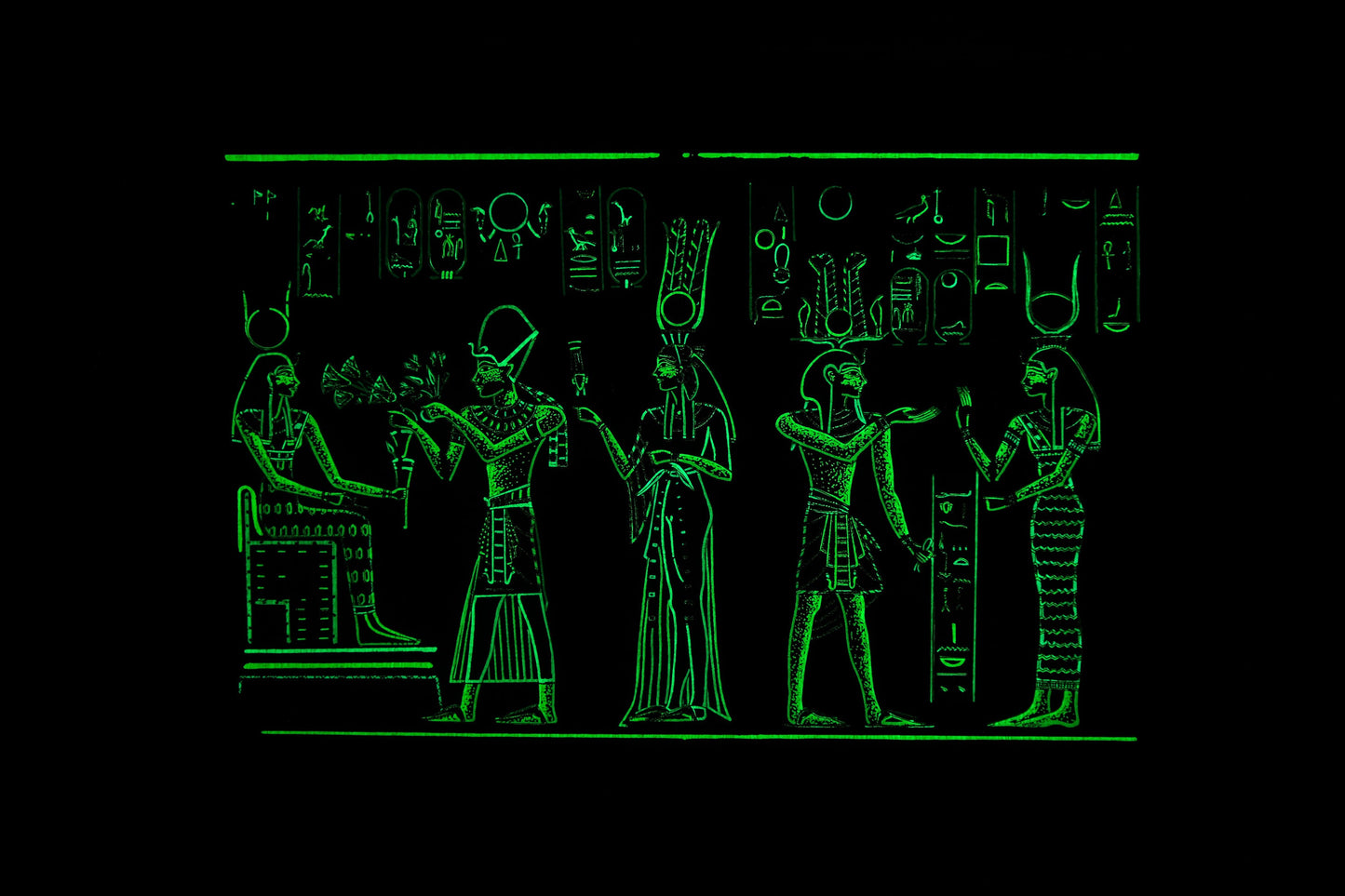 Ancient Egyptian papyrus of King Ramesses II making offerings to Isis Glow in the dark made with Authentic papyrus Leaves.