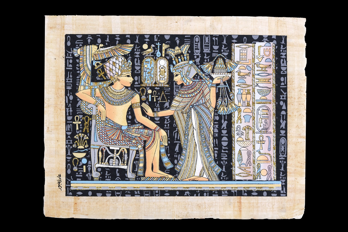 Ancient Egyptian papyrus of King Tutankhamun & Queen Ankhesenamun - Queen Ankhesenamun Anointing her Husband with Lotus Oils