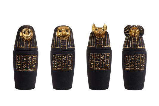 Set of four canopic jars sculpture gold leaf hand painted unique Egyptian Art black heavy stone made in Egypt