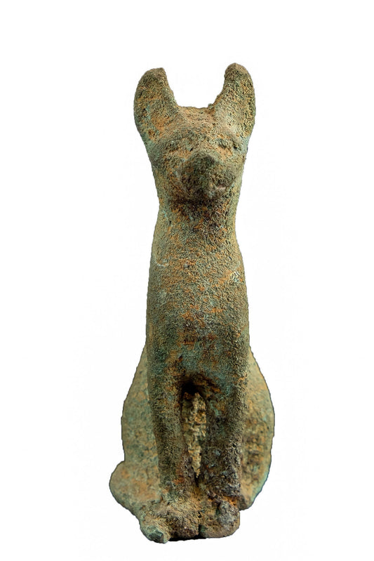 Ancient Egyptian statue of Bastet cat made of Bronze-Hand carved Bastet in her late form of a cat-headed woman, rather than a lioness