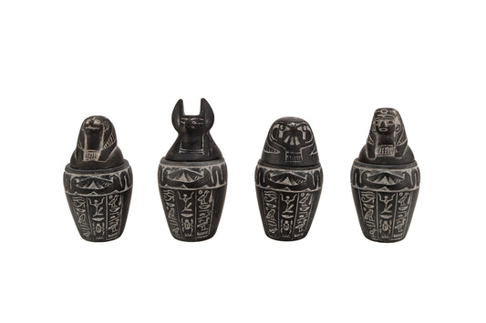 Set 4 Egyptian Art small Canopic jars sons of Horus gray stone with hieroglyphics carved made in Egypt